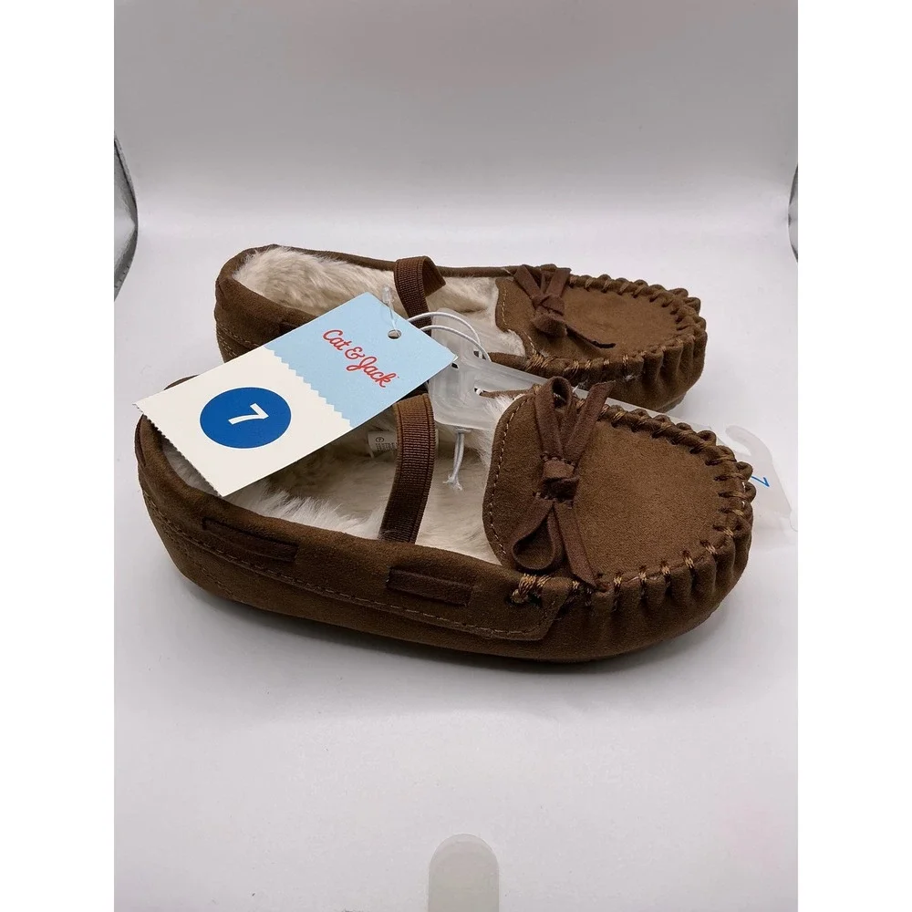 Cat & Jack Toddler Girls Brown Moccasin Slippers Faux Fur Lined Size 7 NWT